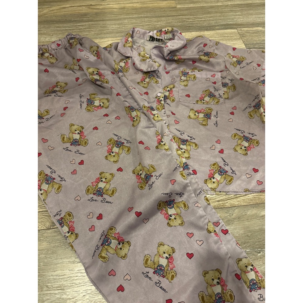 Vintage Chandio New York Lavender Satin Teddy Bear Heart Pajama Set Womens 1X